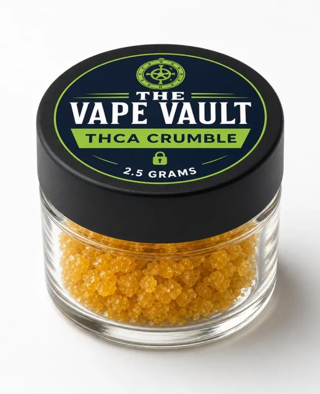 Vape Vault THCA crumble in a 2.5 gram jar with black cap