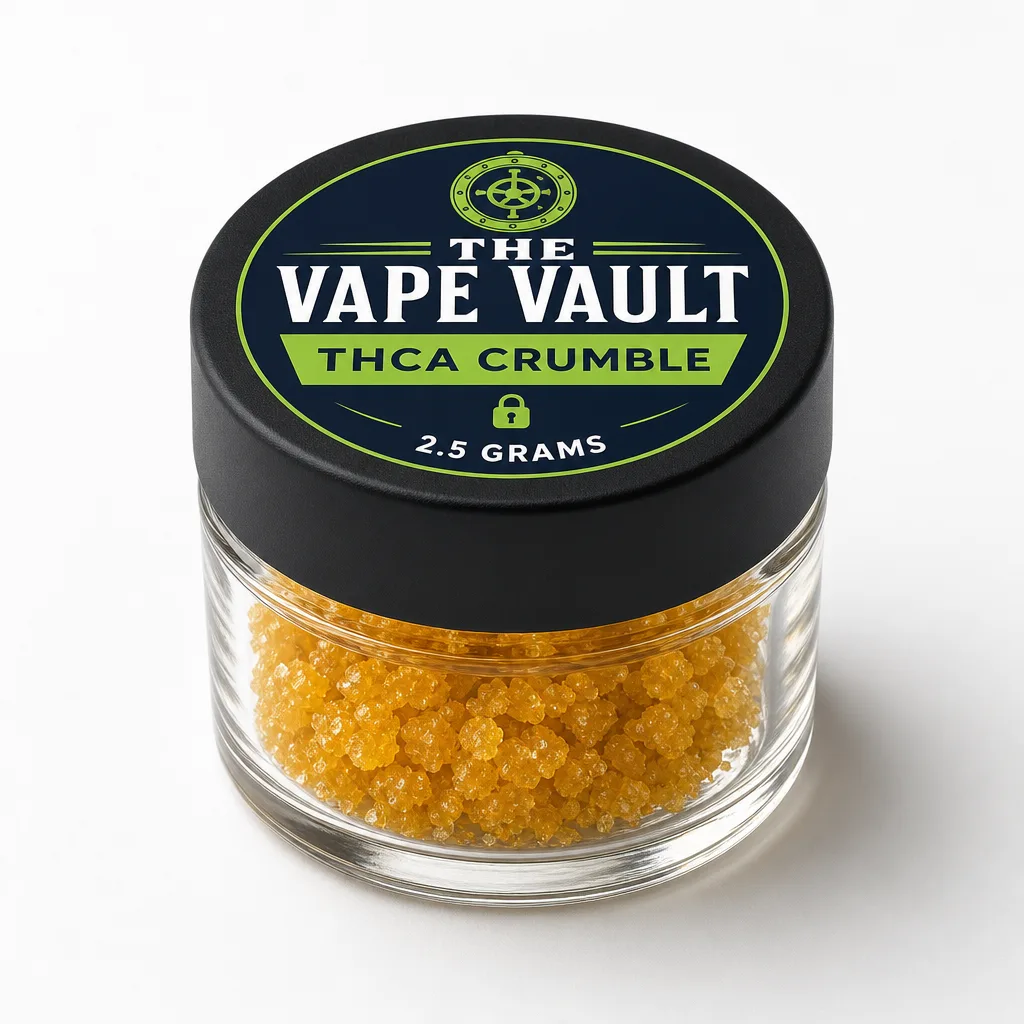 Vape Vault THCA crumble in a 2.5 gram jar with black cap