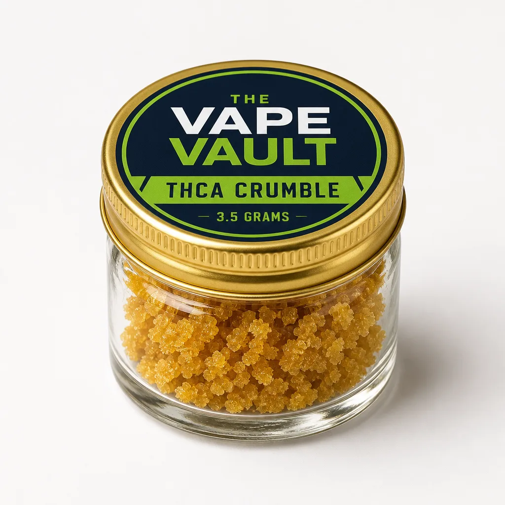 Vape Vault THCA crumble in a 3.5 gram jar with gold cap